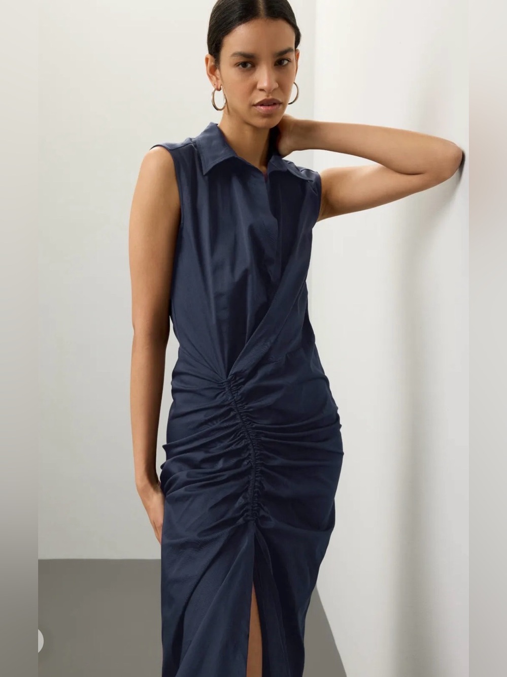 CÂLLAS Sylvie Sleeveless Navy Ruched Shirt Midi Dress
